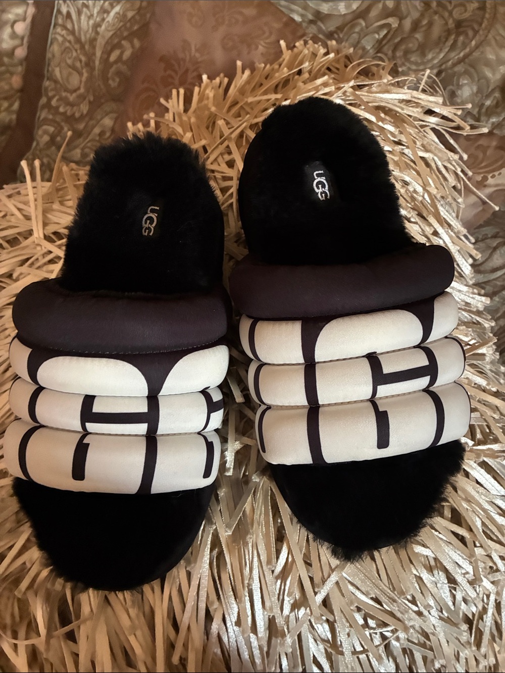 UGG Black and Cream Quilted Shearling Slide Mules